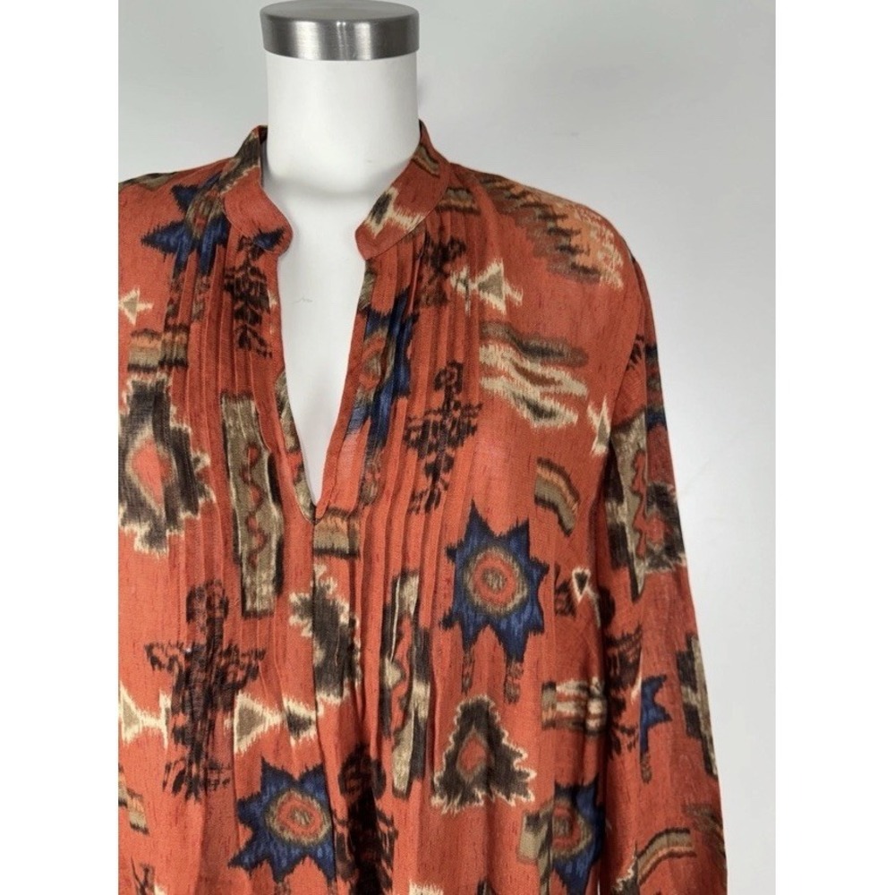 Lauren Ralph Lauren Blouse Women's 2X Silk Linen Southwestern Tribal Print Boho - Picture 2 of 5